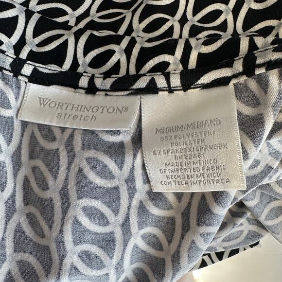 Worthington Stretch Dress Top Women M Black Geometric Print Wrap Belted Collared - Picture 5 of 5